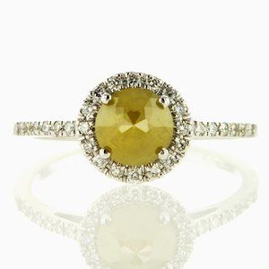 Fancy Yellow Rose Cut Diamond Halo Engagement Ring 14k White Gold 1.07 TCW